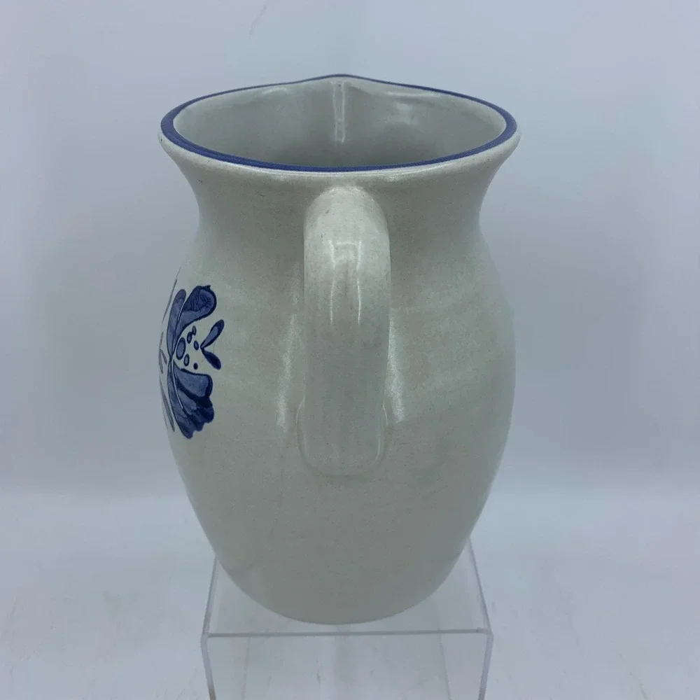 Blue Floral Stoneware Pitcher Country Cottage Folk Art Jug 9